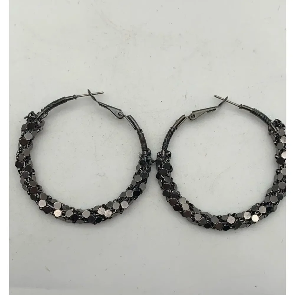 Sparkly Dark Shiny Silver / Grey Textured 2” Hoop Earrings